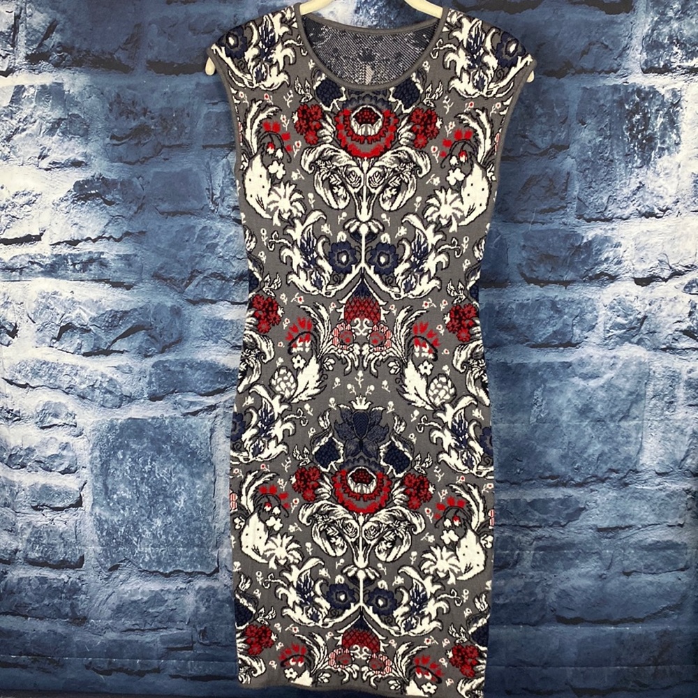 Sweater Dress Paisley Brocade Print Fitted Stretch embroidered hem